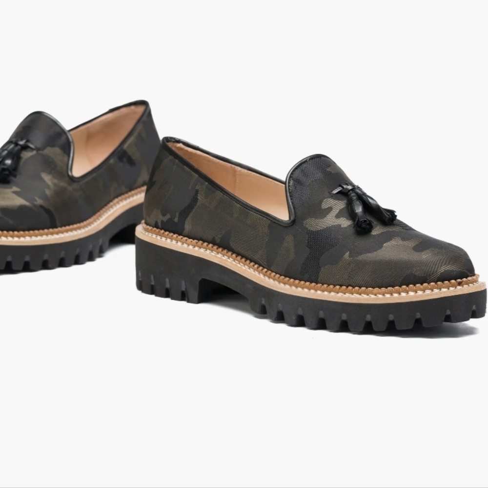 Jon Josef ‐ NWOT Gogo Platform Lug Loafer In Green Black Camouflage Print